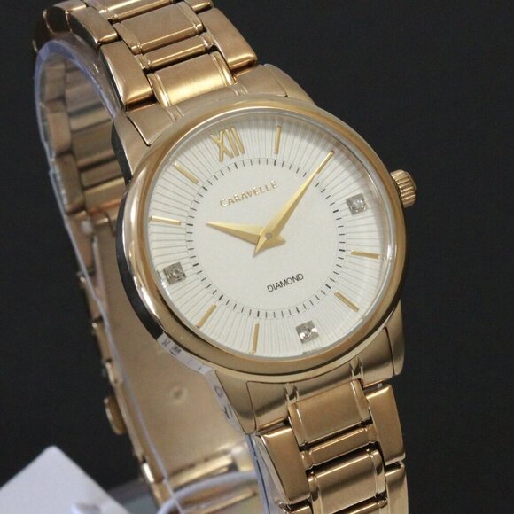 Caravelle Ladies Casual Watch By Bulova Diamond Accents Gold Tone 30mm - Picture 4 of 13